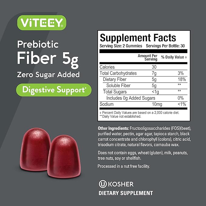 Viteey Prebiotic Fiber Gummies for Adults, 5g - Zero Sugar Added - Fiber Supplement for Digestive Health Regularity & Natural Weight Support - Vegan, Gelatin Free - Chewable Fruit Flavored Gummy