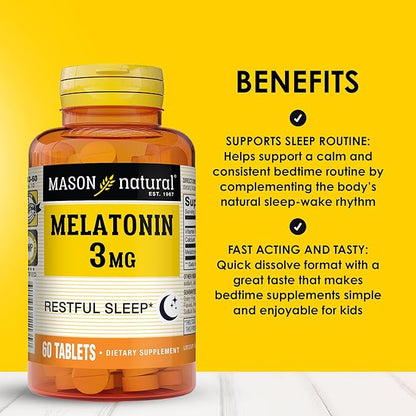 MASON NATURAL Melatonin 3 mg with B6 and Calcium, Natural Sleep Aid, Supports Healthy Sleep & Rest, 60 Tablets