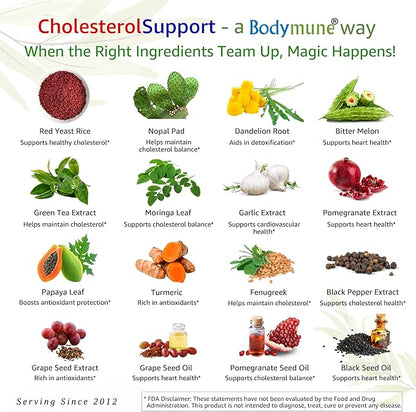 CholesterolSupport, 60-Day Supply, w/Extracts of Red Yeast Rice Dandelion Green Tea Moringa Papaya & More with Oils, USA-Made USDA Organic Superfood, All-Natural Non-GMO Vegan Gluten-Free