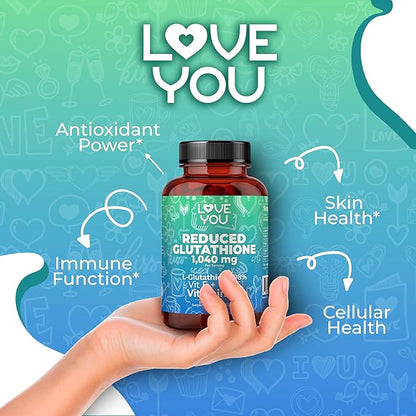 Love You Reduced Glutathione 98% Purity 1040 mg + Vitamin C, E & D3 1804 mg Total per Serving | Intracellular Antioxidant | Supports Detoxification & Immune Function | 120 Veggie Caps | 30 Servings