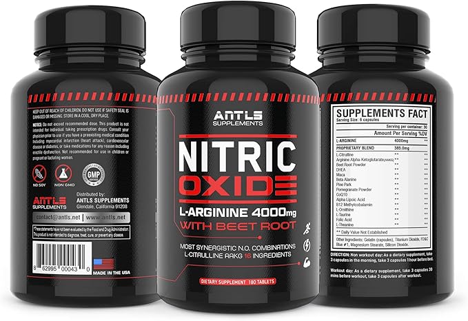 Nitric Oxide Supplement Booster Complex L Arginine 4000mg,L Citrulline, AAKG,Beet Root,Pre Workout Pills,Muscle Bulider,Growth,Pumps,180 Capsules