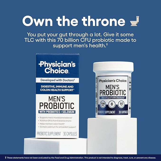 Physician's Choice Probiotics for Men - 70 Billion CFU - 8 Strains - w/Selenium & Organic Prebiotics - Supports Digestive Health, Microbiome, Colon, & Immune Health - Advanced Men's Probiotic - 30ct