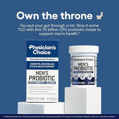 Physician's Choice Probiotics for Men - 70 Billion CFU - 8 Strains - w/Selenium & Organic Prebiotics - Supports Digestive Health, Microbiome, Colon, & Immune Health - Advanced Men's Probiotic - 30ct