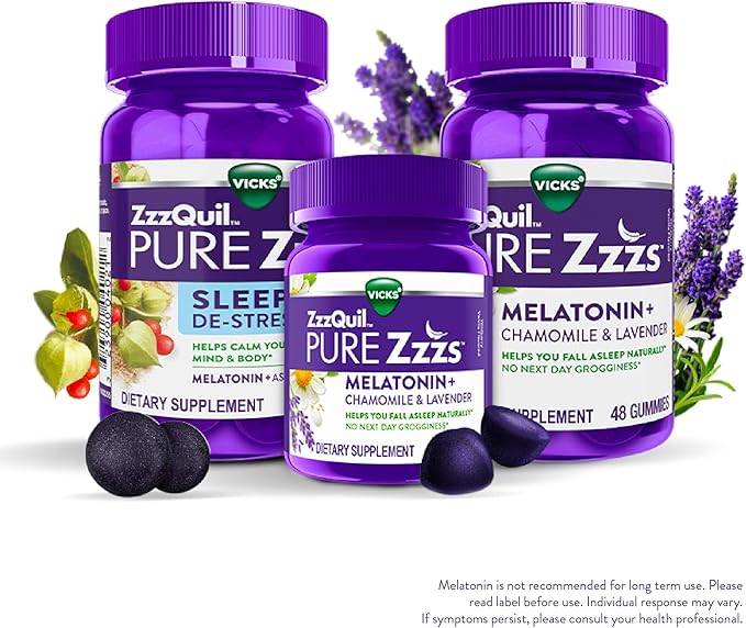 ZzzQuil Pure Zzzs, Melatonin Sleep Aid Gummies with Lavender, Valerian Root and Chamomile, Natural Wildberry Vanilla Flavor, Non-Habit Forming, Drug-Free, 48 Count (Pack of 3)