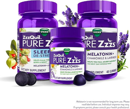 ZzzQuil Pure Zzzs, Melatonin Sleep Aid Gummies with Lavender, Valerian Root and Chamomile, Natural Wildberry Vanilla Flavor, Non-Habit Forming, Drug-Free, 48 Count (Pack of 3)