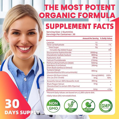 Glucosamine Chondroitin Gummies with MSM & Elderberry Extra Strength - Joint Support, Antioxidant Immune Support Supplement for Adults, Men & Women.Strawberry