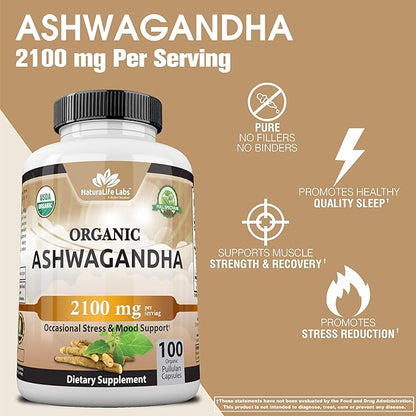 Organic Ashwagandha 2,100 mg - 100 Veggie Capsules Pure Organic Ashwagandha Powder and Root Extract - Stress Relief, Mood Enhancer