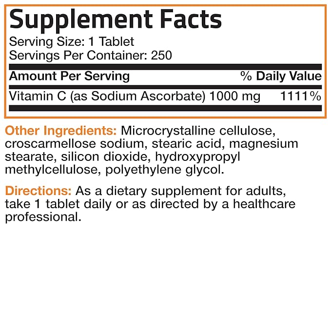 Sodium Ascorbate Non Acidic Vitamin C 1000 Mg Tablets - Gentle On The Stomach - Immune System Booster - Powerful Antioxidant - Non GMO Vitamin C Supplement, 250 Count