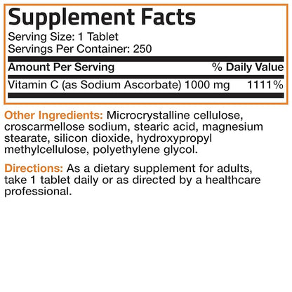 Sodium Ascorbate Non Acidic Vitamin C 1000 Mg Tablets - Gentle On The Stomach - Immune System Booster - Powerful Antioxidant - Non GMO Vitamin C Supplement, 250 Count