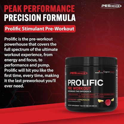 PEScience Prolific Energy Pre Workout – L Citrulline for Nitric Oxide, Rhodiola & CDP Choline Nootropic for Focus – Preworkout for Men & Women – 40 Scoops, Raspberry Lemonade