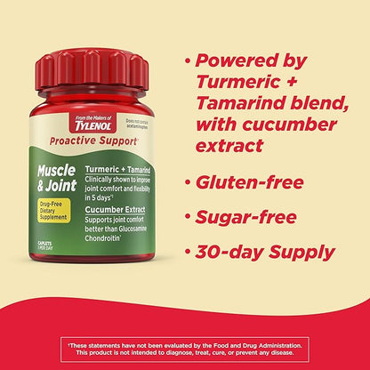 Tylenol Proactive Support* Muscle & Joint Supplements, Tamarind + Turmeric Supplement + Cucumber Extract to Improve Joint Comfort & Flexibility*, Acetaminophen Free, 30 ct