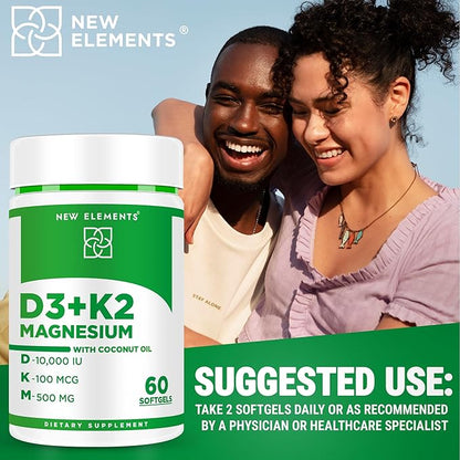 Vitamin D3 K2 10000iu with Magnesium Glycinate 500mg - Bone Health, Immune Support, Energy & Mood - Non-GMO, Gluten-Free, Sugar-Free Softgels for Women & Men