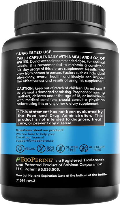 MEDCHOICE 12-in-1 Nootropic Ginkgo Biloba for Brain Support, Memory and Focus - B12, Alpha GPC, L Theanine and Choline Supplements with Bioperine Non Caffeinated 1321mg (240ct)