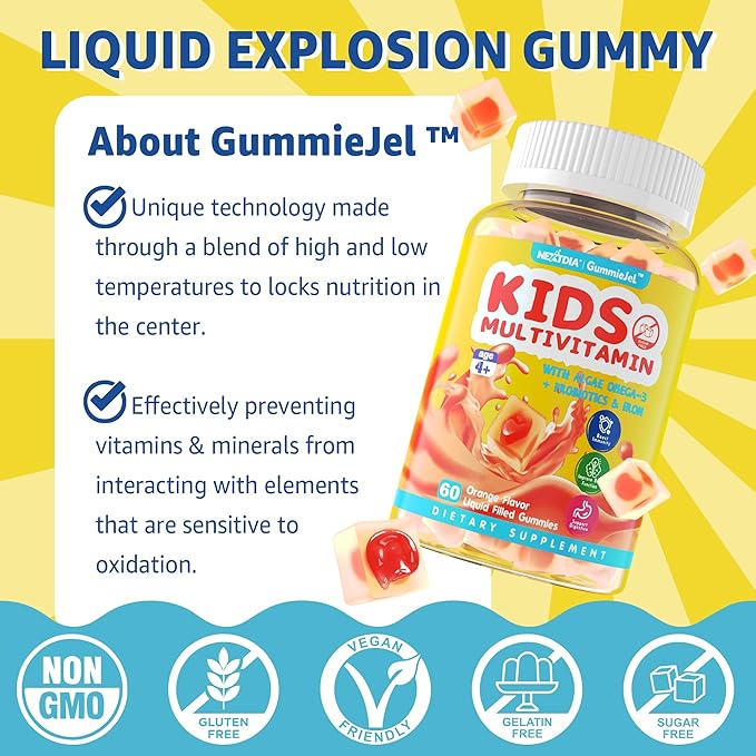 Sugar Free Kids Multivitamin Gummies (Made in USA) with Iron, Probiotics, Vegan Omega 3 (EPA/DHA), Kids Daily Vitamins A, C, D, B Complex, for Healthy Growth, Boost Immunity, Orange Flavor, 60 Count