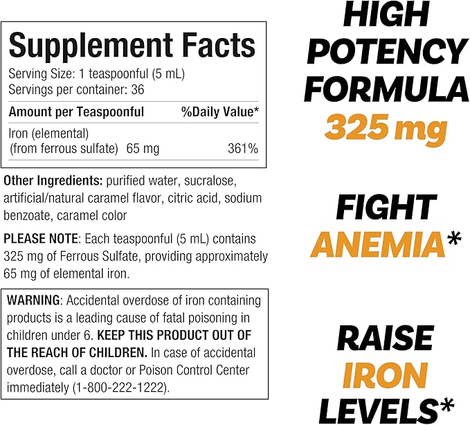 Ferrous Sulfate 325mg Liquid Iron 65mg of Elemental Iron by Llorens Care - 6 oz - Caramel Flavor (6 oz, Caramel)