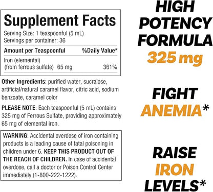 Ferrous Sulfate 325mg Liquid Iron 65mg of Elemental Iron by Llorens Care - 6 oz - Caramel Flavor (6 oz, Caramel)