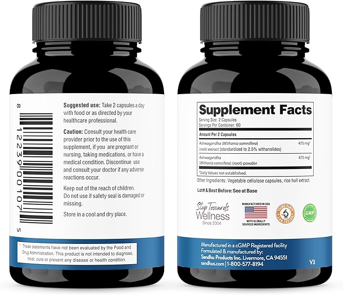 Sandhu's Ashwagandha Supplements for Men & Women | Extra Strength 950mg per Serving | Ashwagandha Root Extract Supports Quality Sleep, Focus & Positive Mood | 120 Capsules