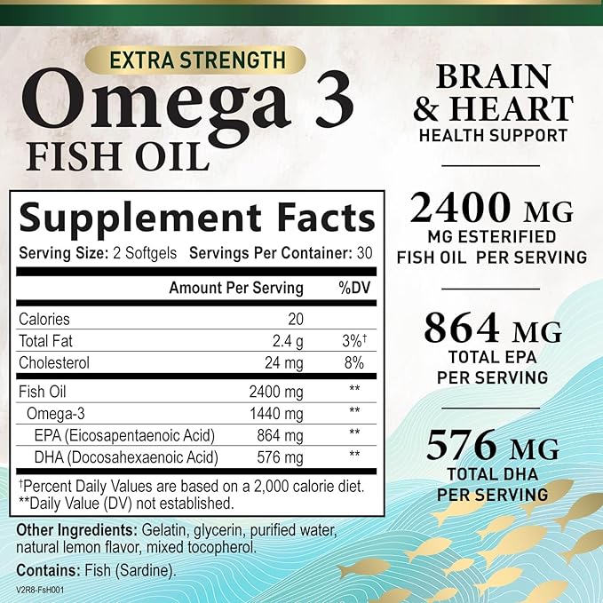 Omega 3 Fish Oil Triple Strength 1200 mg Softgels, Omega-3 Supplements, Natural Brain Heart Health & Immune Support - Fatty Acids with EPA & DHA - Wild Caught Fish Oil Supplement - 60 Softgels