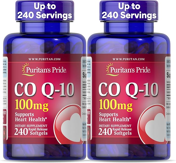 Puritan's Pride Coenzyme CoQ10 100mg, Dietary Supplement for Heart Health, Blood Pressure, Oral Gum Health, and Healthy Aging Support, 240 Rapid Release Softgels, 2-Pack