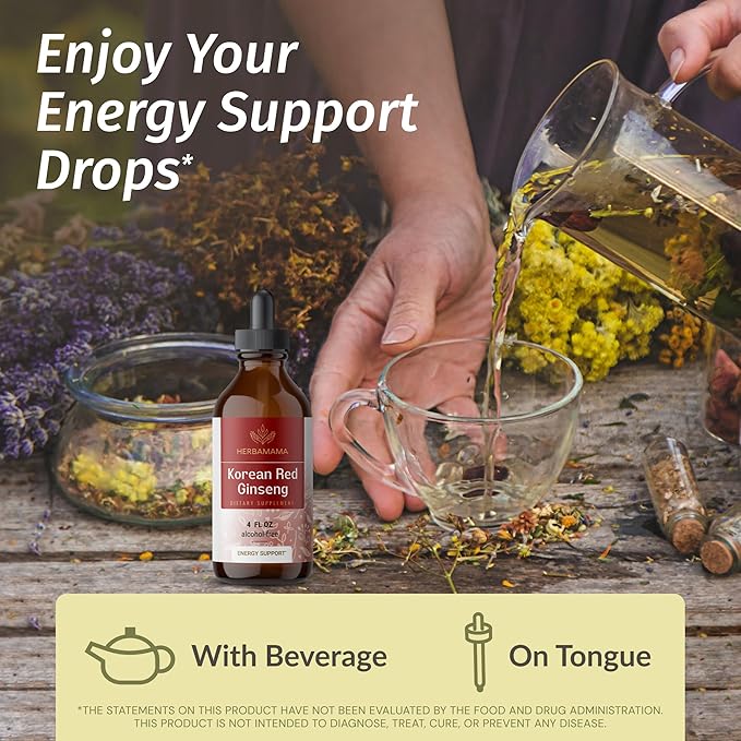 HERBAMAMA Panax Ginseng Root Tincture - Immune & Overall Support with Korean Red Ginseng Supplement - Vegan, Non-GMO, Alcohol & Sugar-Free Herbal Drops, 56-Day Supply