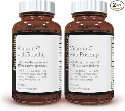 pureclinica Vitamin C with Rosehip – 2000mg (1000mg VIT C & 1000mg Rosehip Extract) x 360 Tablets – 1 Years Supply!