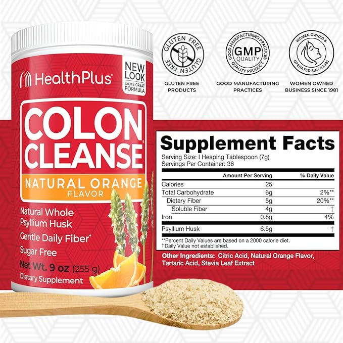 Health Plus Colon Cleanse Digestive Support | No Artificial Flavors | Daily Fiber for Toxin Elimination To Reduce Bloating | Psyllium Husk | Orange Flavor | 9 Ounces, 36 Servings