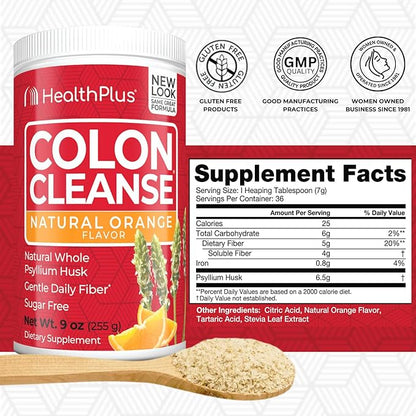 Health Plus Colon Cleanse Digestive Support | No Artificial Flavors | Daily Fiber for Toxin Elimination To Reduce Bloating | Psyllium Husk | Orange Flavor | 9 Ounces, 36 Servings
