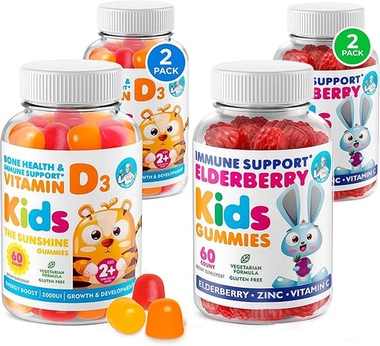 DR. MORITZ Sunny Side Up Immunity - Elderberry Gummies for Kids (60 Count 2 Pack) and Vitamin D (60 Count 2 Pack)