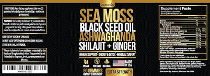Sea Moss, Black Seed Oil, Ashwagandha, Ginger, Shilajit Gummies with Elderberry, Chlorophyll, Turmeric Bladderwrack Sea Moss Gummies Advanced Strength Formula - All in 1 Bundle - USA Made (60 Gummies)
