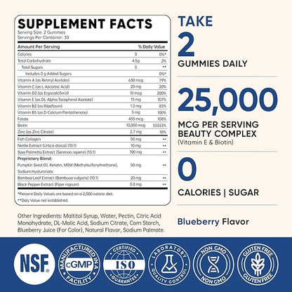Venture Pal Biotin Gummies with Collagen & Keratin - Hair Growth Support Skin and Nail Strength Vitamins for Women & Men - Biotin 10000mcg | B-Complex | Saw Palmetto - Sugar Free, Non-GMO, 60ct