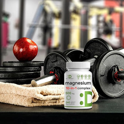 Magnesium Complex Supplement 500mg, 240 Veggie Capsules – 10 in 1 – Glycinate, Citrate, Malate, & More – Chelated Minerals for Muscle & Joint Health.
