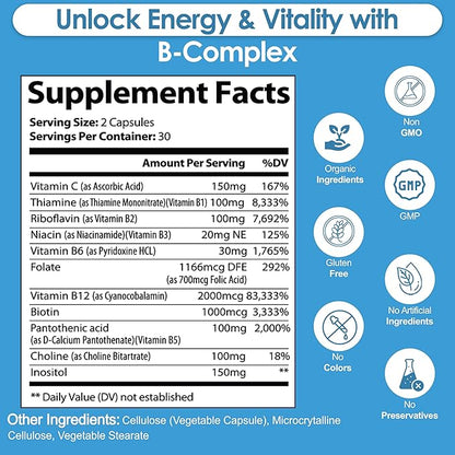 Vitamin B Complex with Vitamin C - B Complex Vitamins for Men and Women, 11-in-1 B-Complex for Brain & Energy Support, Immune & Nervous System Support - Non-GMO, 60 Vegetarian Capsules