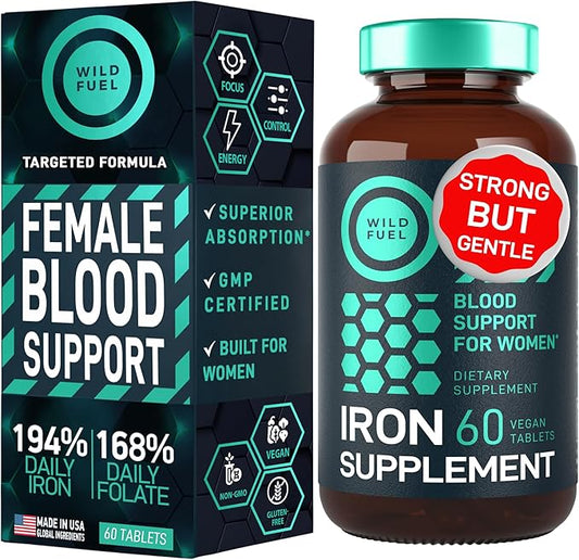 Iron Supplement for Women with Folic Acid - 35 mg Blood Builder Ferrous Sulfate, Folic Acid 400 mcg - Iron Pills for Women with Anemia & Pregnancy Support - 60 Gluten-Free, Vegan Iron Vitamin Tablets