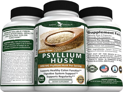 Potent Garden Psyllium Husk Capsules All Natural & Powerful Soluble Dietary Fiber Supplement Helps Support Regularity & Digestion, 240 Caps