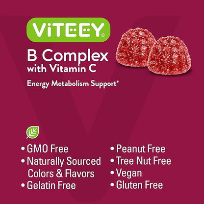 Viteey Vitamin B Complex for Adults with Vitamin C, B6, B12, Niacinamide, Folic Acid, Biotin, Calcium - Supports Energy & Metabolism - Vegan, Gluten Free, Gelatin Free - Chewable Strawberry Flavored