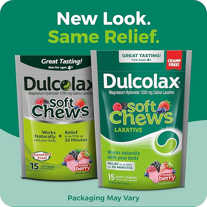 Dulcolax Saline Laxative Soft Chews, Gentle Constipation Relief, Mixed Berry Flavor, Magnesium Hydroxide 1200 mg, 15 Count