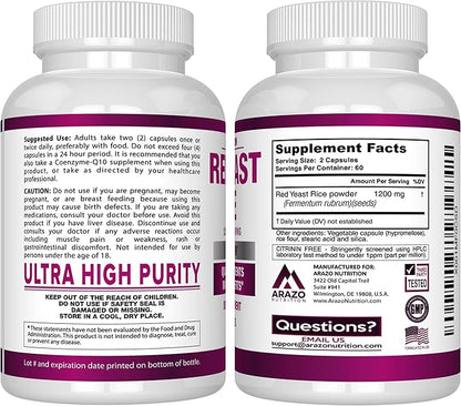 Arazo Nutrition Red Yeast Rice Extract 1200 MG – Citrinin Free Supplement – Vegetarian 120 Capsules