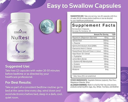 CogniTune Natural Sleep Supplement - Non Habit Forming Sleeping Pills, Non Drowsy Herbal Sleep Aid Formula w/Melatonin, Valerian Root, Lemon Balm, Chamomile, GABA, L-Theanine, Magnesium, Amino Acids