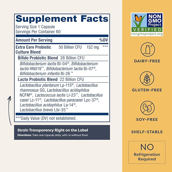Renew Life Extra Care Digestive Probiotic Capsules, 50 Billion CFU Guaranteed, Daily Supplement Supports Immune, Digestive, Respiratory Health(1), L. Rhamnosus GG, Dairy, Soy and Gluten-Free, 60 Count
