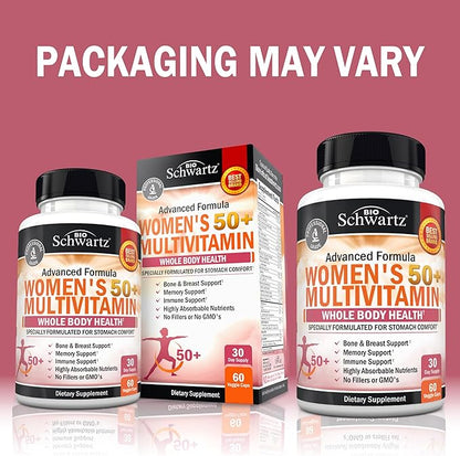 Daily Multivitamin for Women 50 & Over – Memory Support Supplement – Promotes Stress Reduction & Healthy Immune Response – Women's Multivitamin Supplement Designed for Stomach Comfort - 60 Capsules