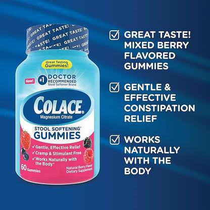 Colace Stool Softener Gummies, Gentle Dependable Constipation Relief Magnesium Citrate Gummies, No.1 Doctor Recommended Stool Softener Brand, Berry Flavored 60ct