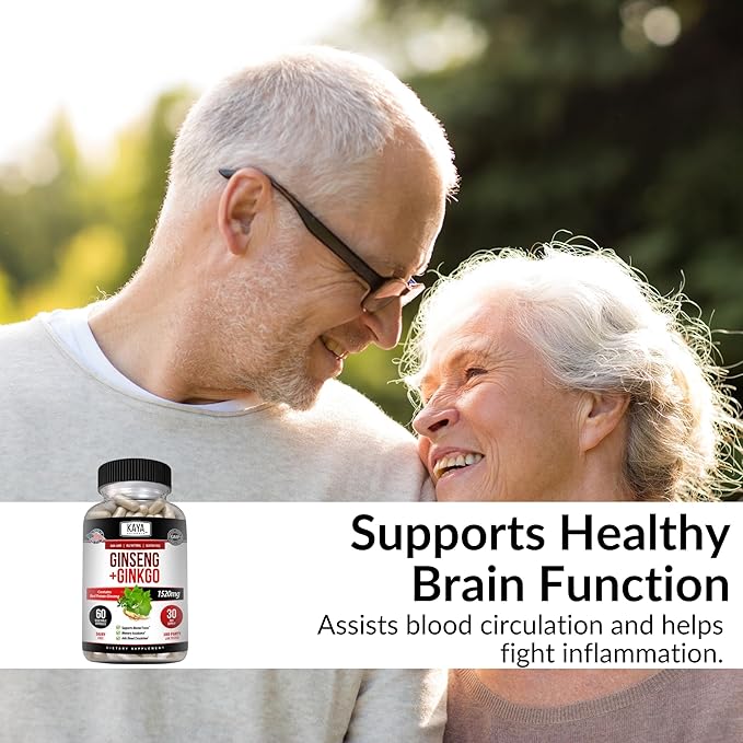 Kaya Naturals Red Panax Ginseng + Ginkgo Biloba - Nootropic Brain Supplement - Cognitive and Concentration Support - Brain Booster, Focus, and Memory Supplement - 60 Capsules