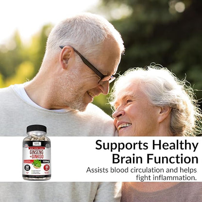 Kaya Naturals Red Panax Ginseng + Ginkgo Biloba - Nootropic Brain Supplement - Cognitive and Concentration Support - Brain Booster, Focus, and Memory Supplement - 60 Capsules