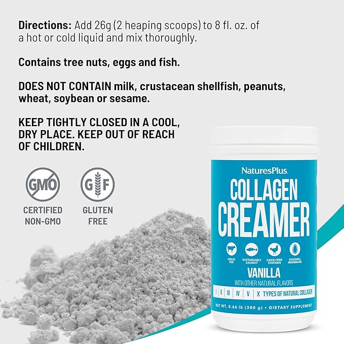 NaturesPlus Collagen Creamer, Vanilla - 0.66 lb Powder - Hair, Skin, Nail & Joint Health, Immune System Support - Non-GMO, Gluten Free - 12 Servings