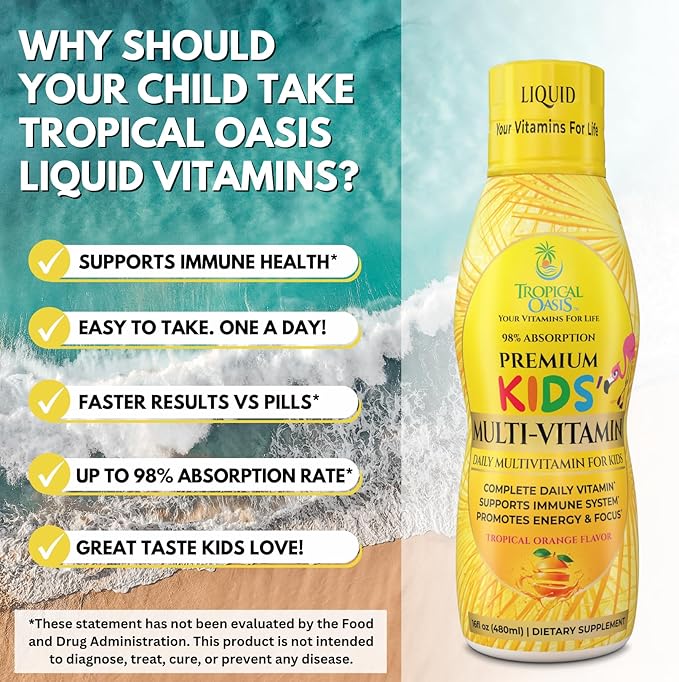 Premium Liquid Multivitamin For Kids | Sugar Free Kids Vitamins | 100% DV of 14 Vitamins for Kids | Multivitamin for Children Ages 4+ | Great Tasting, Non-GMO, Max 98% Absorption Rate- 16 oz, 32 Serv