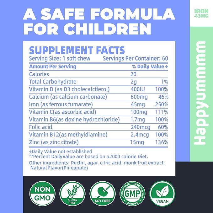 Iron Soft Chews Supplement with Vitamin C | Blueberry Flavored | Gluten Free | Iron Supplement for Women Men and Kids | 60 Count | 2 Month Supply