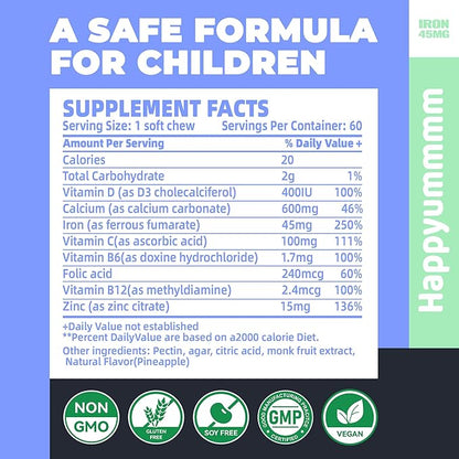 Iron Soft Chews Supplement with Vitamin C | Blueberry Flavored | Gluten Free | Iron Supplement for Women Men and Kids | 60 Count | 2 Month Supply