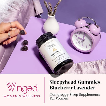 Winged Wellness Sleepyhead Natural Sleep Gummies for Women - Prime Sleep Support Aid for Adults with 3mg Melatonin, L-Theanine, 5-HTP - Blueberry Lavender Flavored - 30 Servings