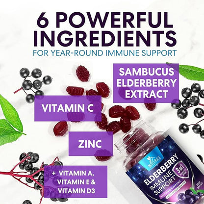 Sambucus Elderberry Immune Gummies, Daily Elderberry Immune Support Vitamins with Vitamin C, Vitamin D3, Zinc, Immune Support Gummy Vitamin Supplement, Black Elder berry for Adult & Kid - 60 Gummies