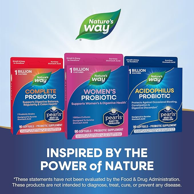 Nature's Way Women's Probiotic Pearls, Supports Women's and Digestive Health*, Protects Against Occasional Constipation & Bloating*, 1 Billion Live Cultures, 90 Softgels (Packaging May Vary)